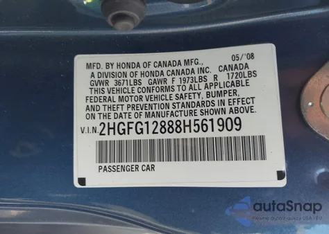 2008 Honda Civic Ex из США, поврежденный, VIN 2HGFG12888H561909